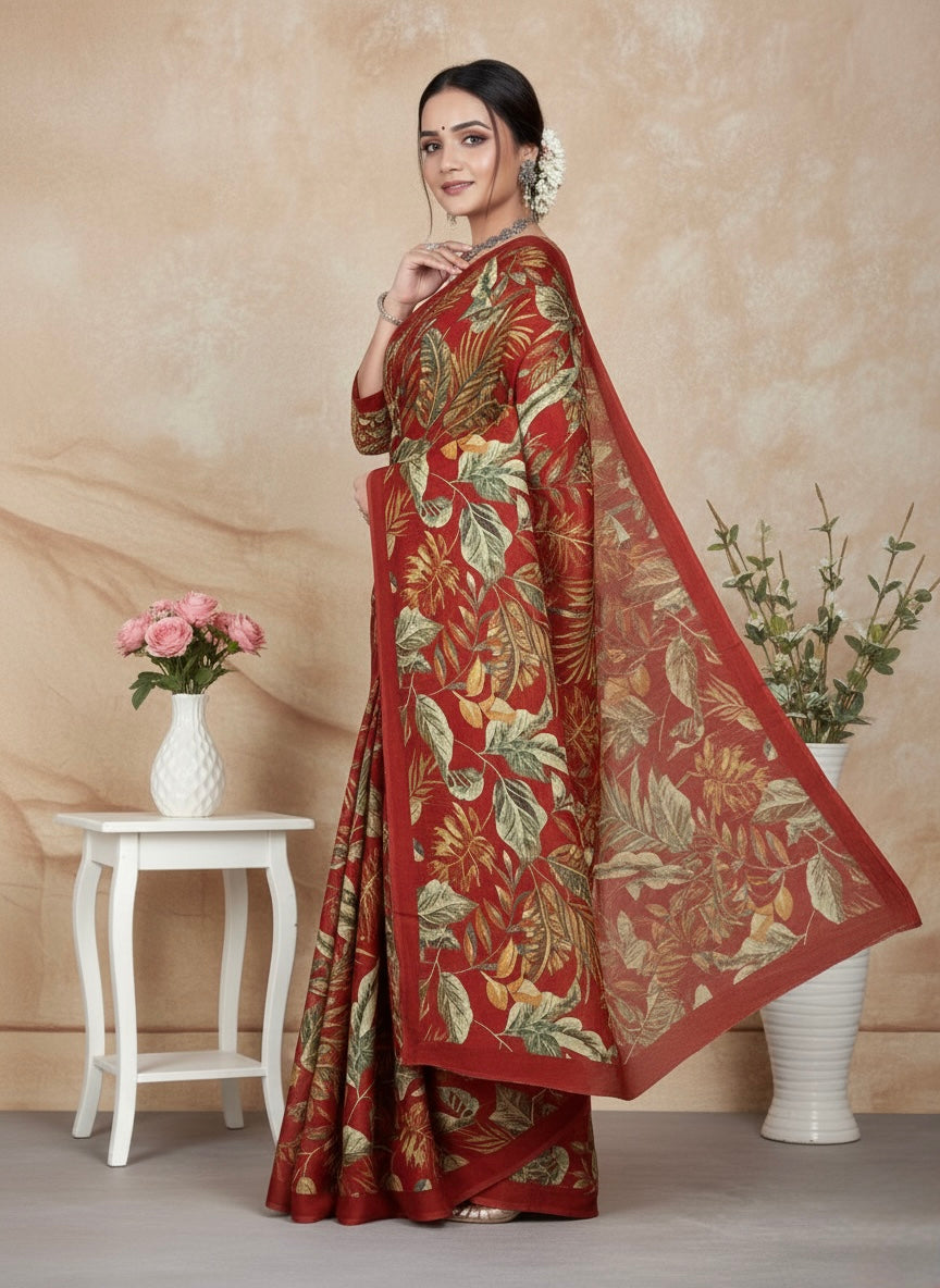Floral Printed Synthetic Silk Saree in Rust Red