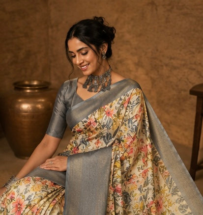 Silver Meadow Bloom Saree