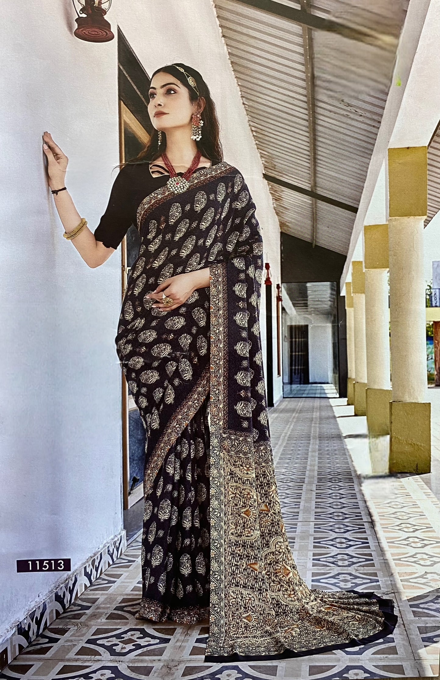Black Ajrakh-Inspired Printed Saree with Ethnic Motifs