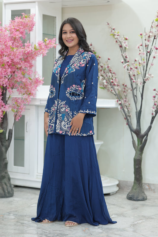 Midnight Indigo Hand-Embroidered Blazer Co-Ord Set