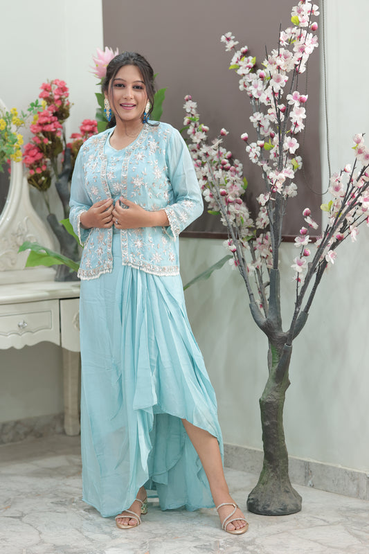 Ice Blue Cape Drape Set with Sequin Floral Accents