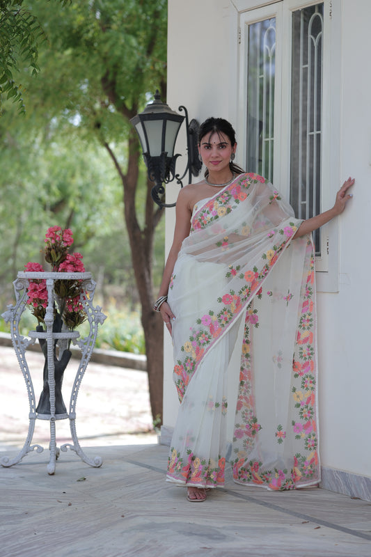 Floral Bliss Organza Saree with Multicolor Thread Embroidery