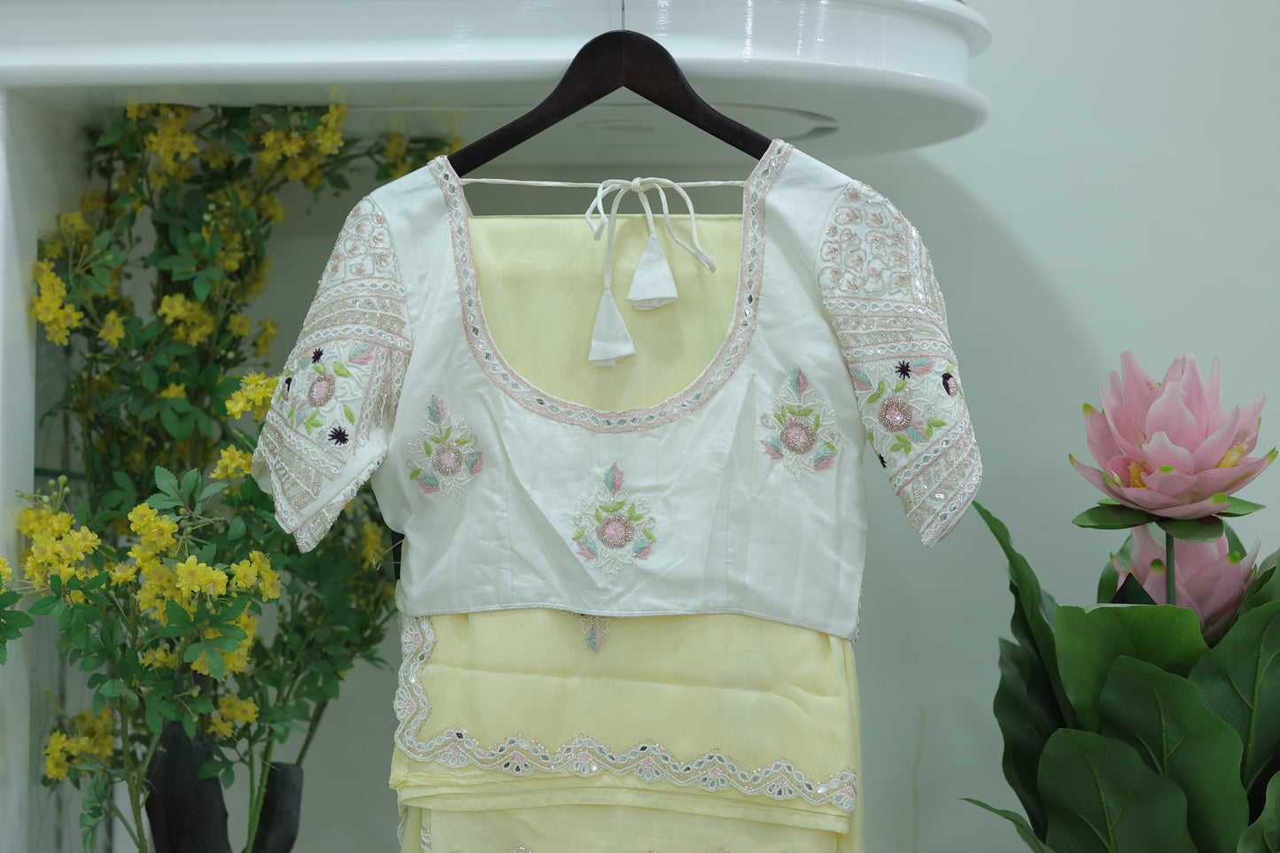 Blush Pink Satin Saree with Scalloped Sequin Border & Heavily Embellished Blouse