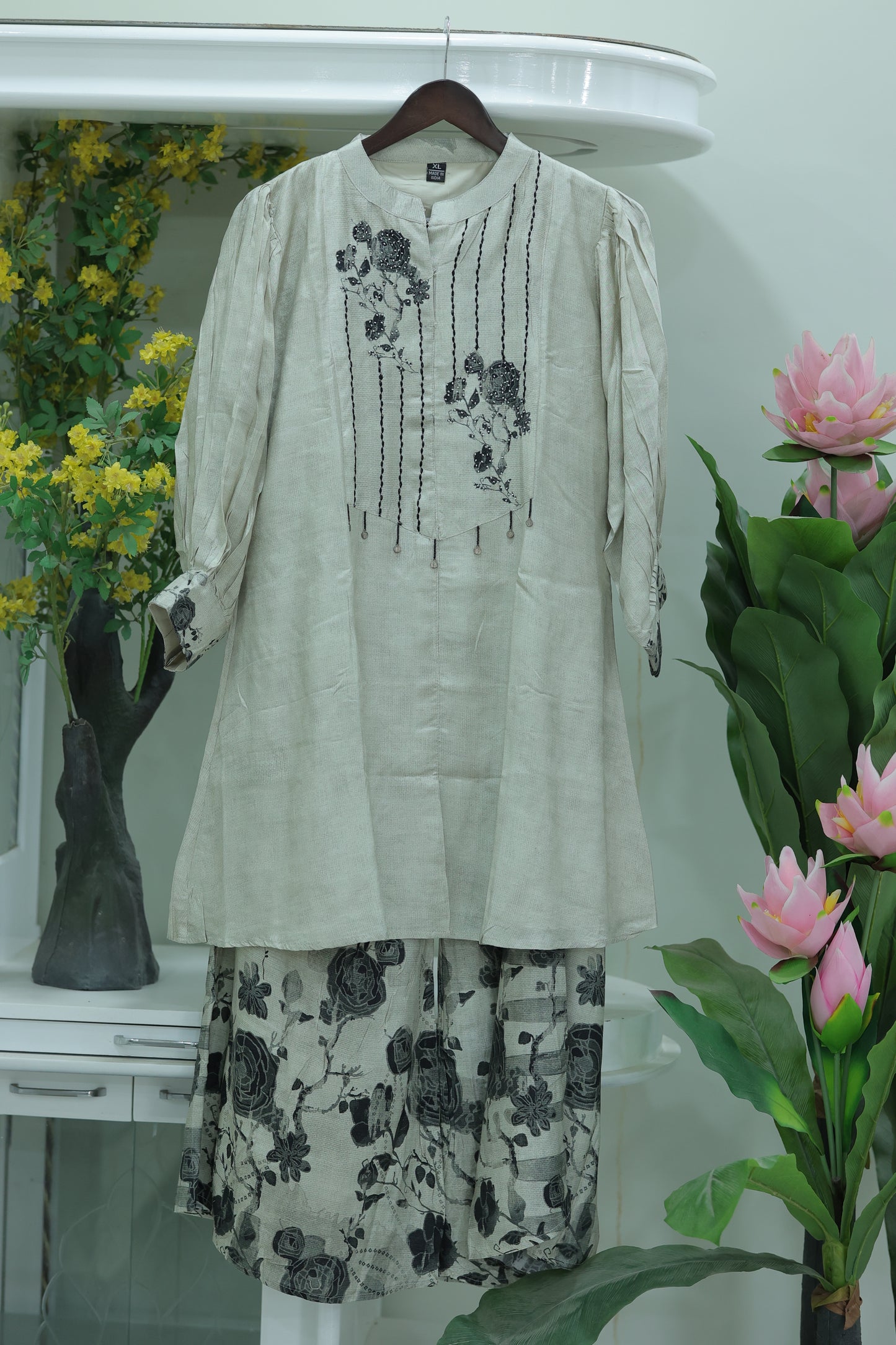 Grey & Black Printed Linen Co-ord Set with Thread Embellished Yoke