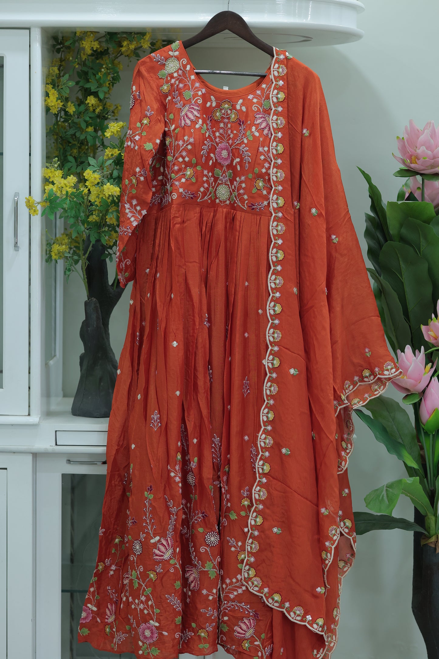 Burnt Orange Gota & Thread Embroidered Anarkali Set with Dupatta