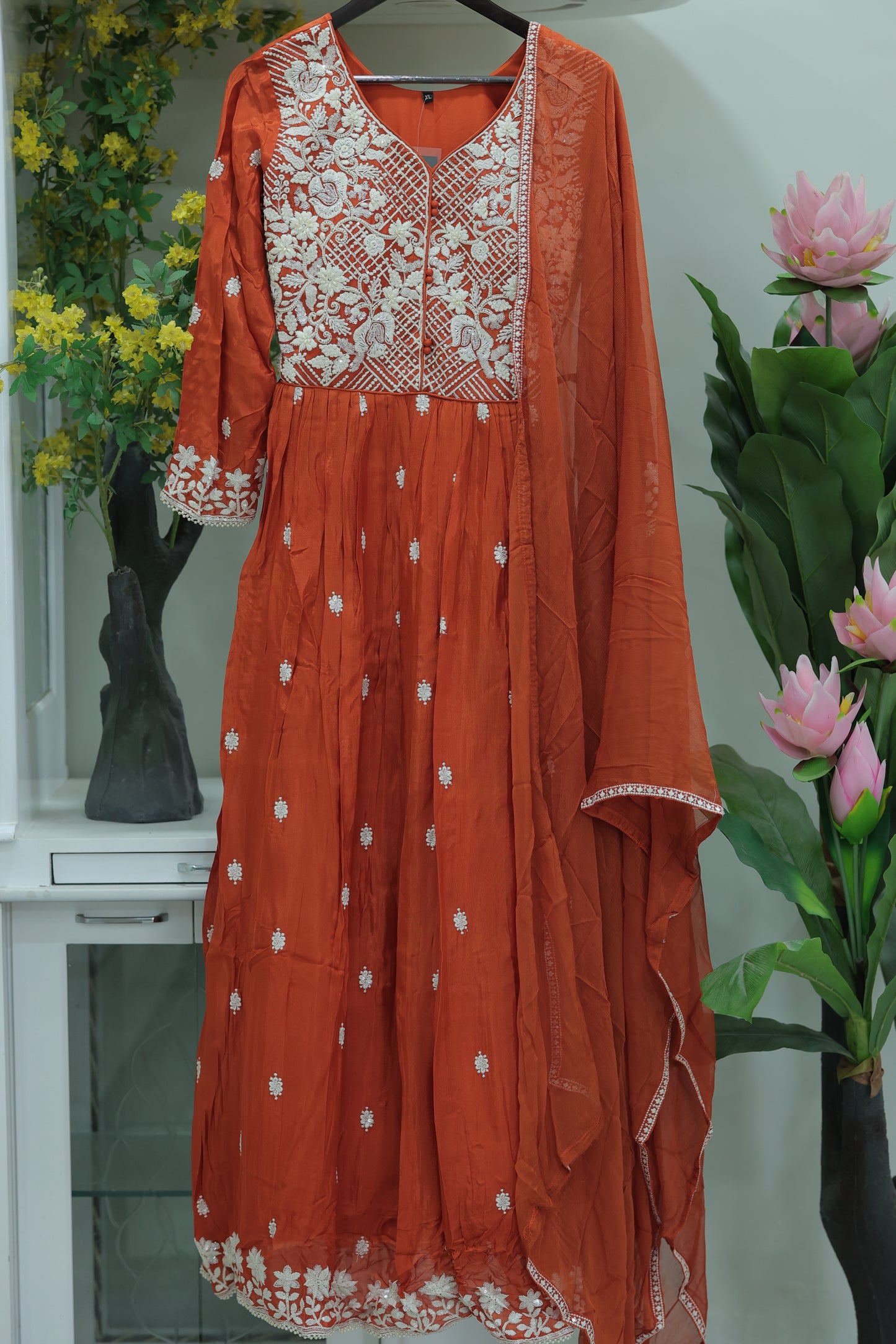 Rust Orange Thread Embroidered Anarkali with Chikankari-Inspired Dupatta