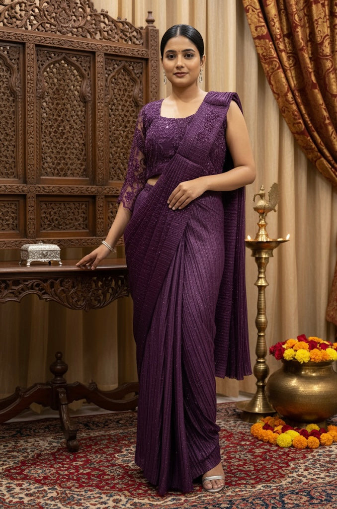 Sequin Embellished Lycra Party Saree with Lace Blouse – Teal & Wine