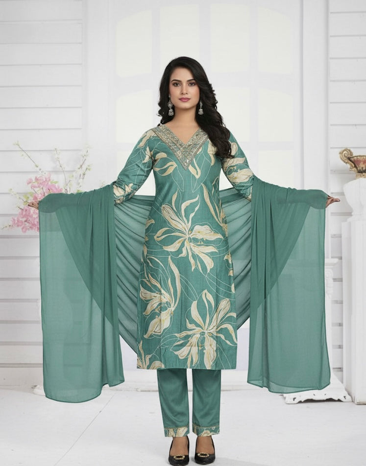 Teal Green Floral Printed Suit Set with Embellished Neckline
