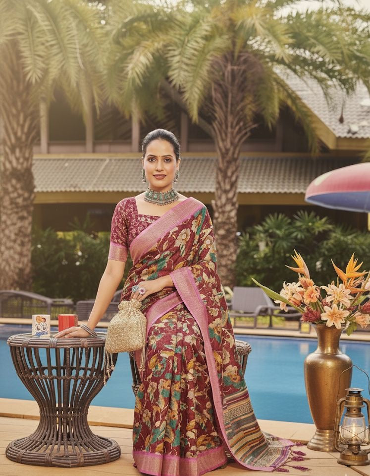 Wine Red Floral Printed Saree with Contrast Border