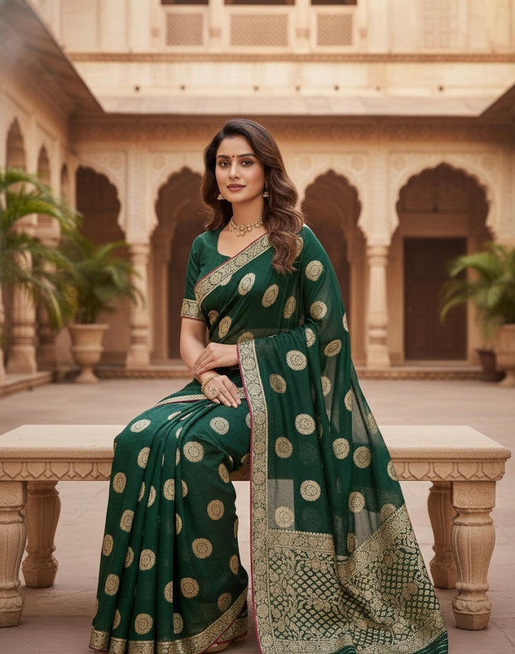 Bottle Green Woven Silk Saree with Gold Butti Work