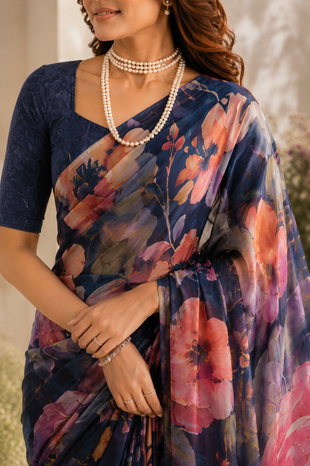 Midnight Bloom Floral Organza Saree