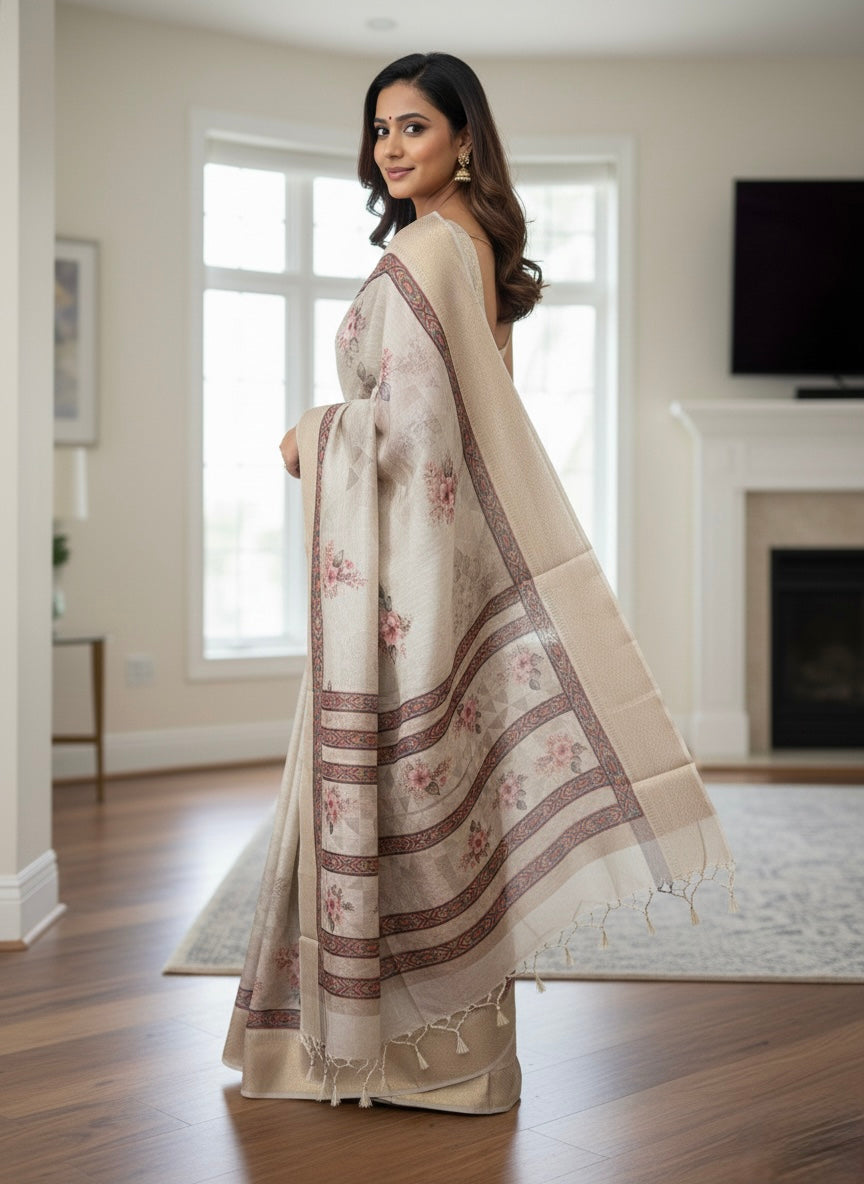 Ivory Floral Printed Silk Blend Saree