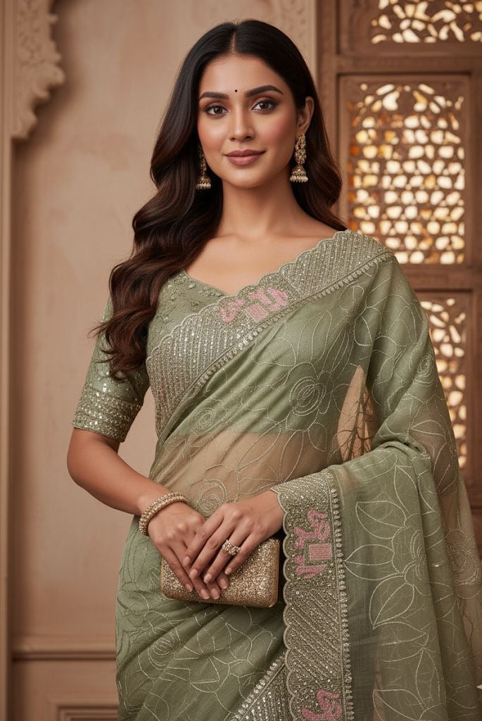 Sage Green Net Saree with Pastel Floral Accents