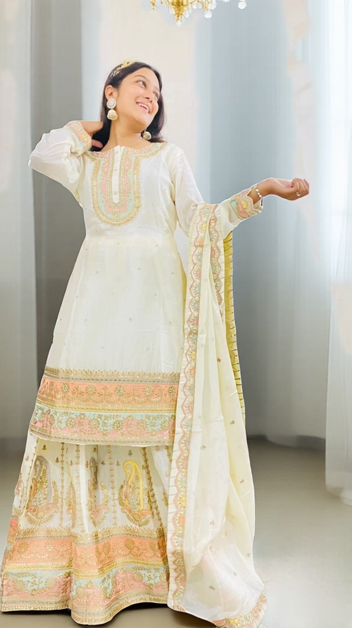 Ivory Embroidered Anarkali Kurta with Skirt & Dupatta