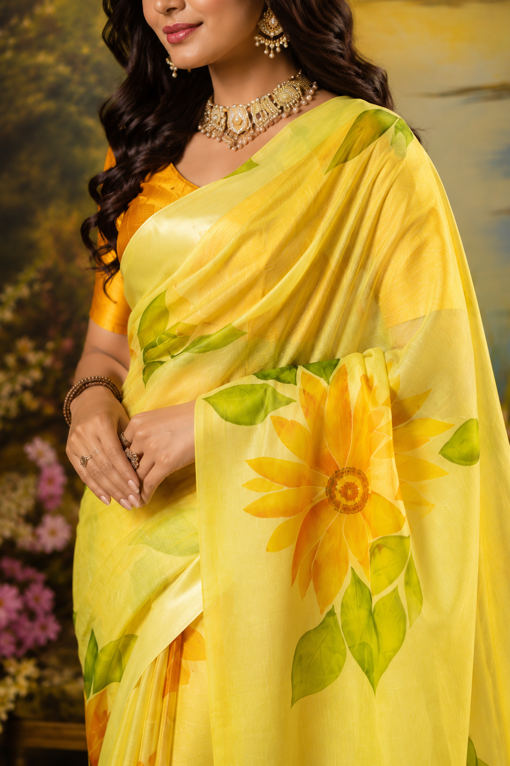 Sunflower Bloom Printed Linen Saree