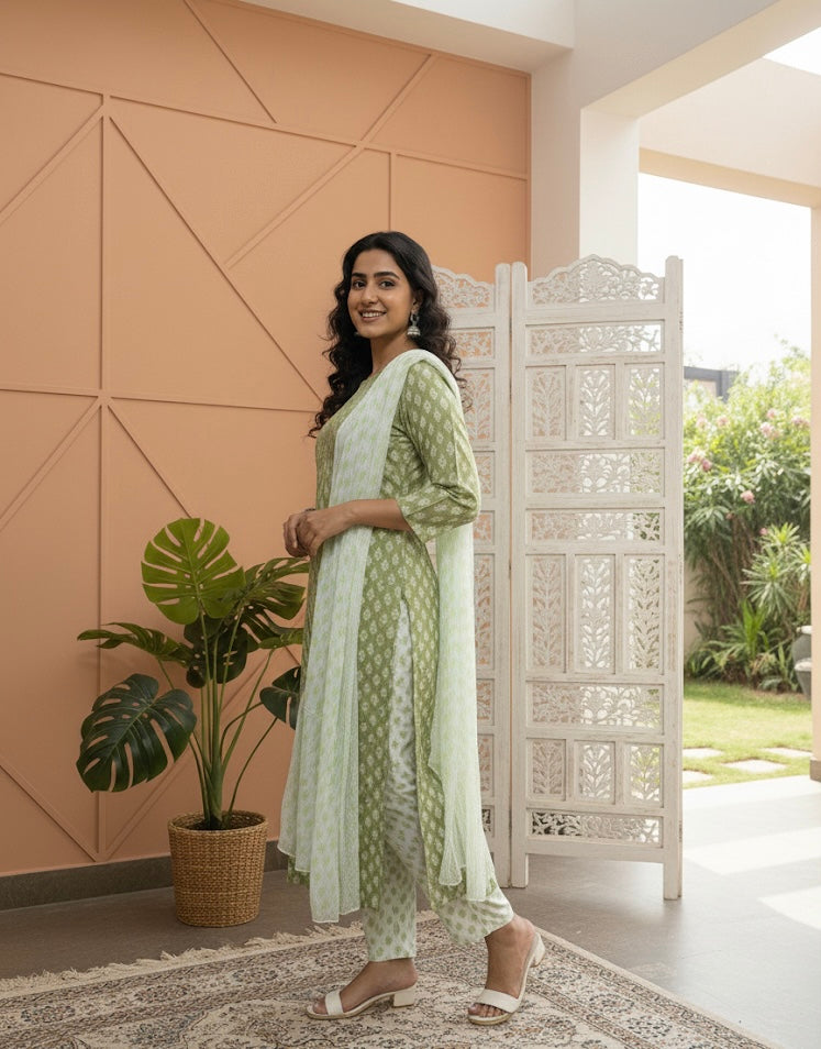 Pastel Green Ikat Printed Kurta Set with Dupatta