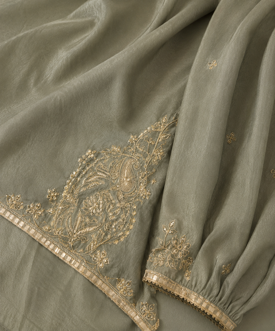 Olive Green & Mustard Anarkali Suit Set with Zari Embroidery and Silk Finish