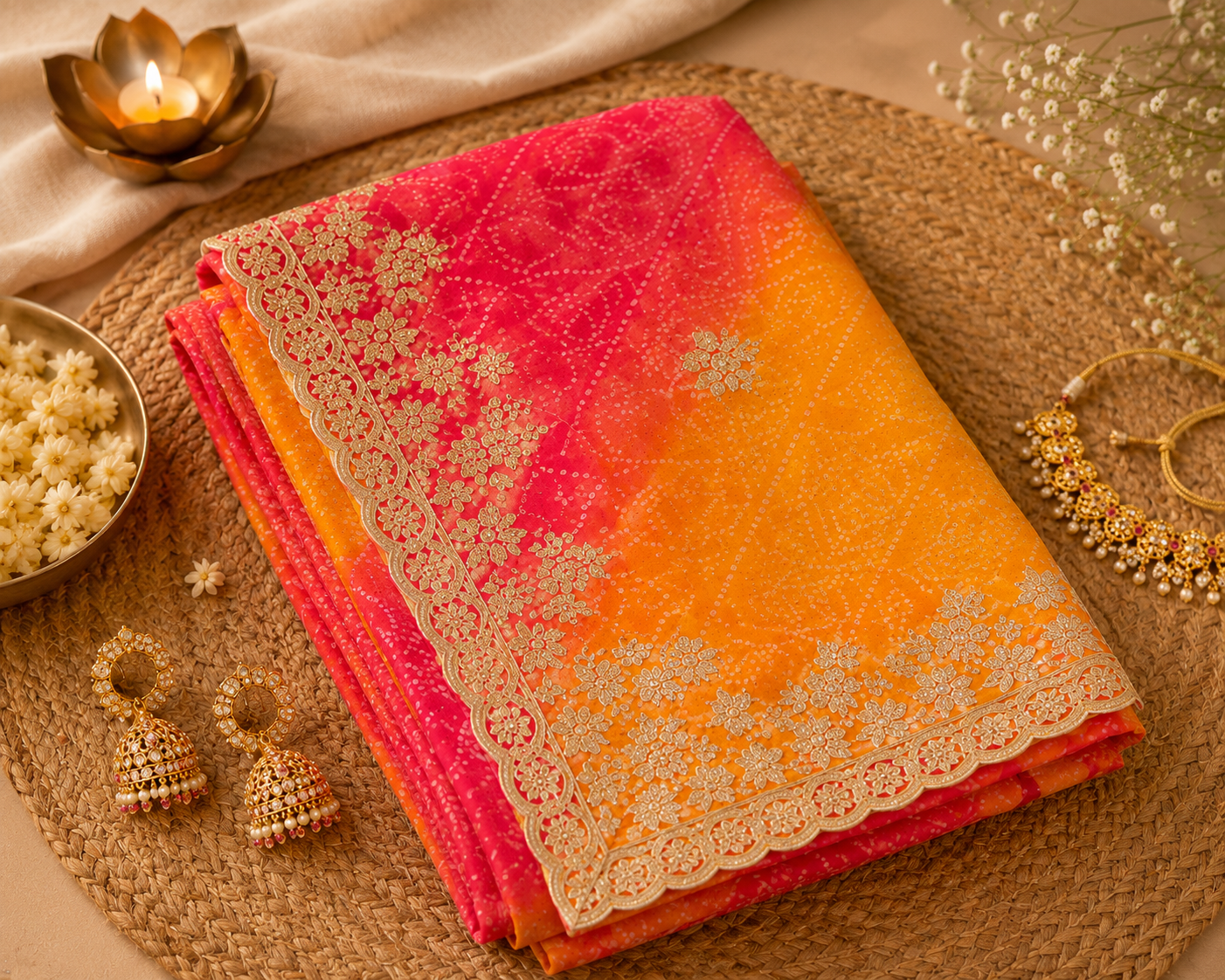 Sunset Bandhani Bloom Saree