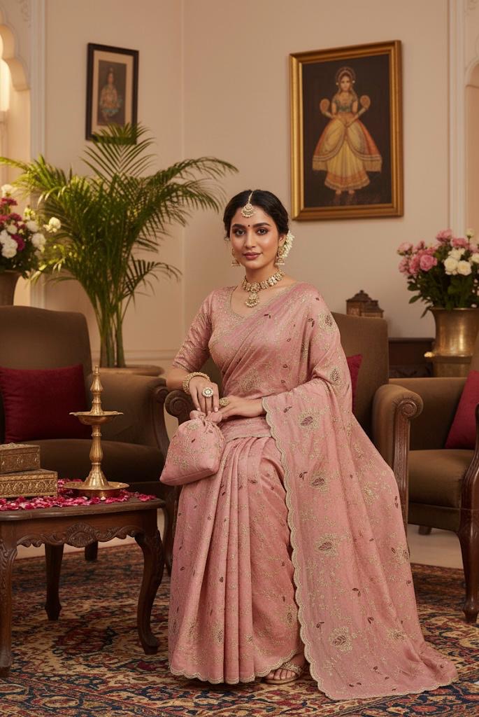 Blush Pink Designer Net Saree with Sequin & Thread Embroidery