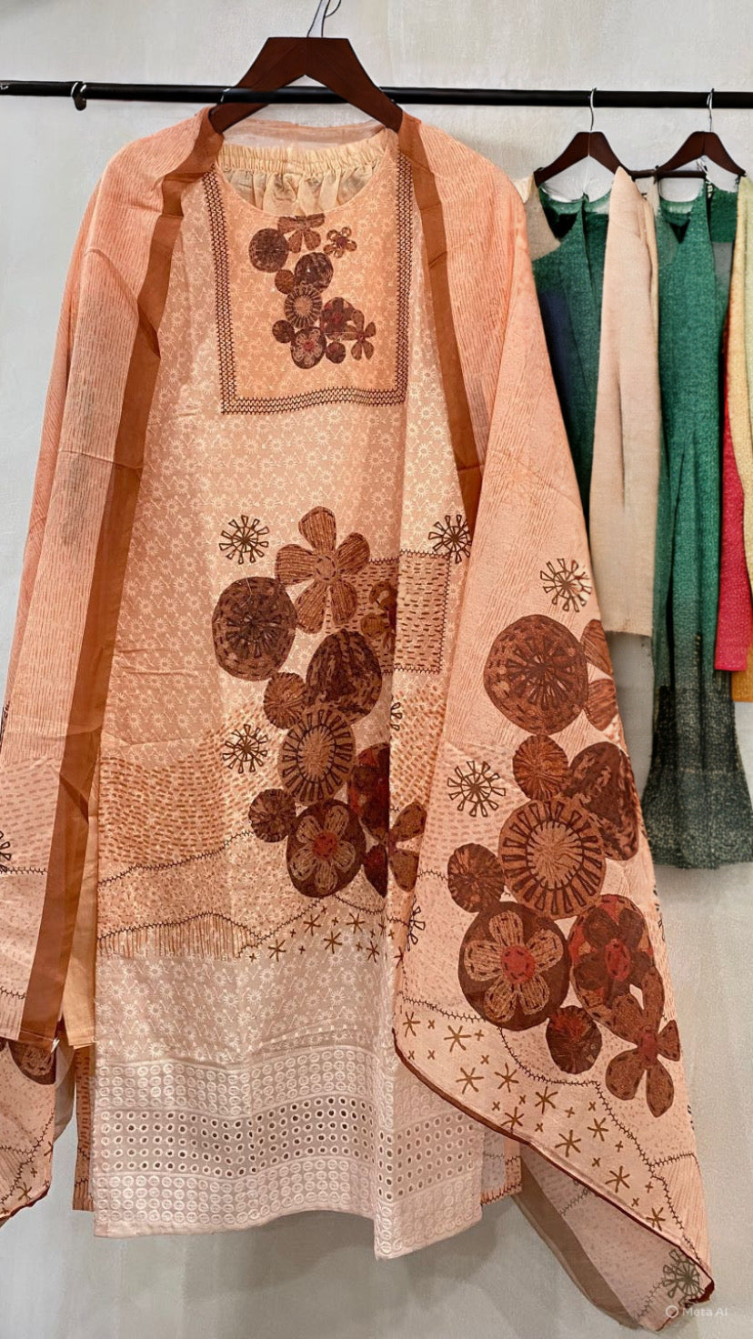Peach Brown Floral Printed Kurta Set with Dupatta