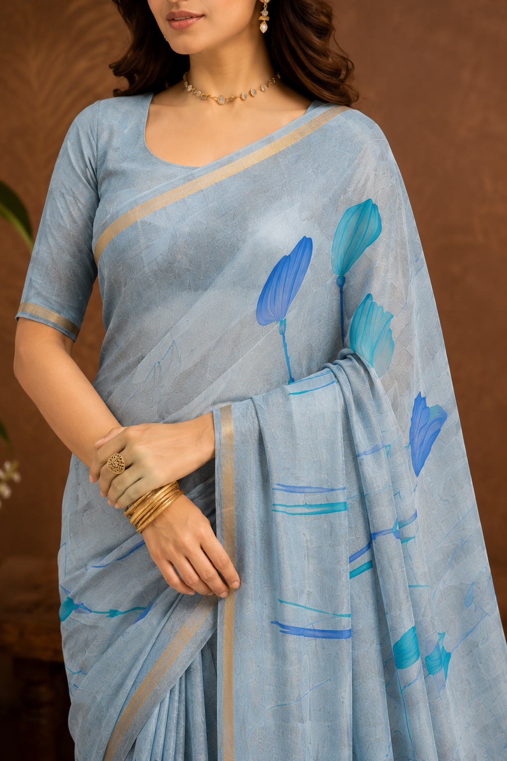 Sky Bloom Printed Linen Saree