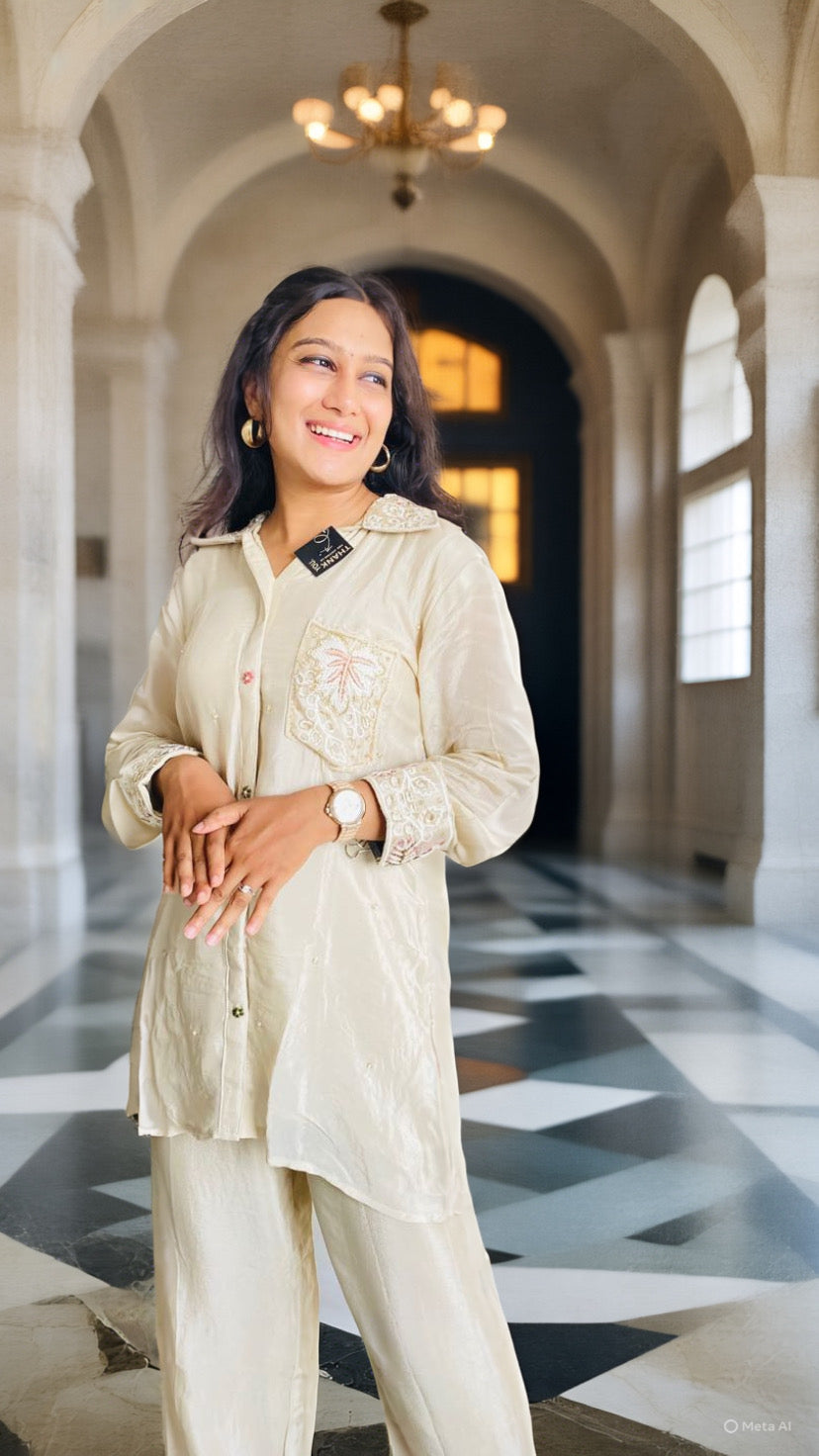 Ivory Embroidered Satin Co-ord Set with Cutwork Detailing