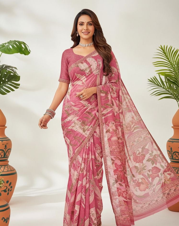 Rose Pink Floral Printed Saree