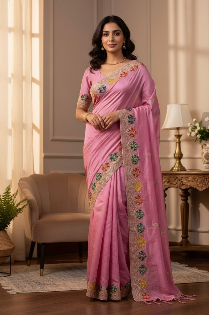 Blush Pink Silk Saree with Multicolor Thread Embroidery