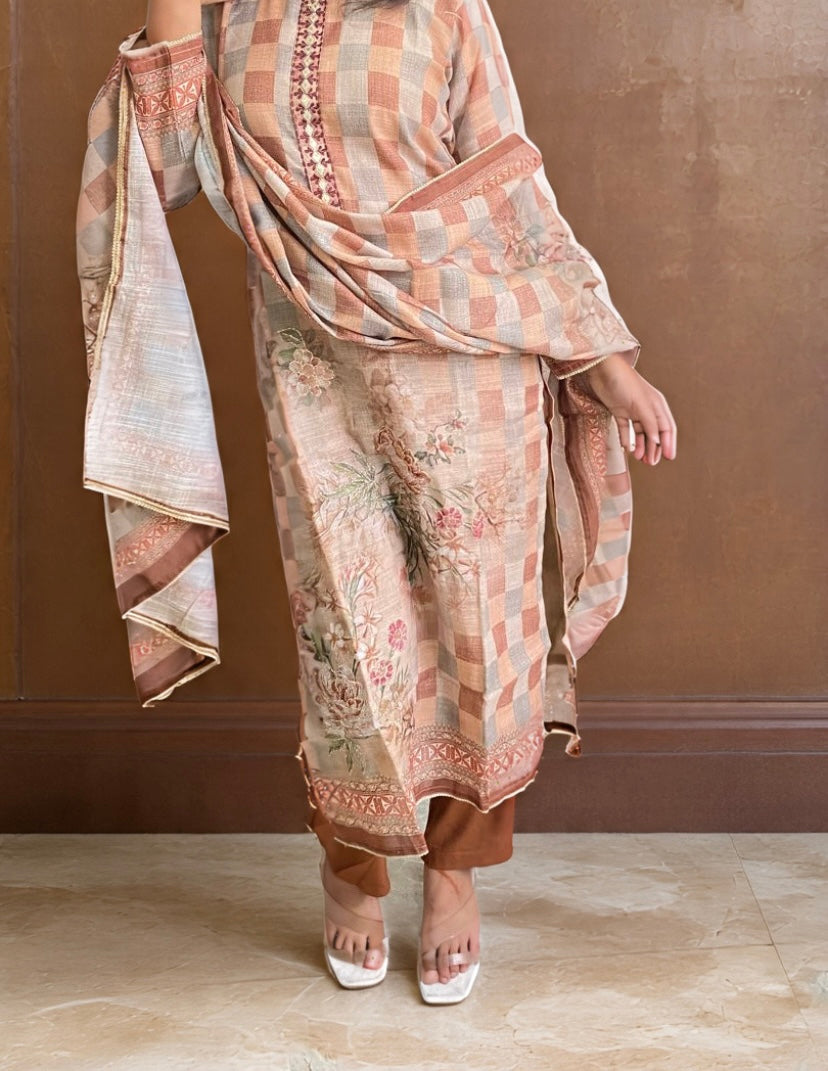 Muted Checkered Kurta Set with Floral Print and Rust Pants