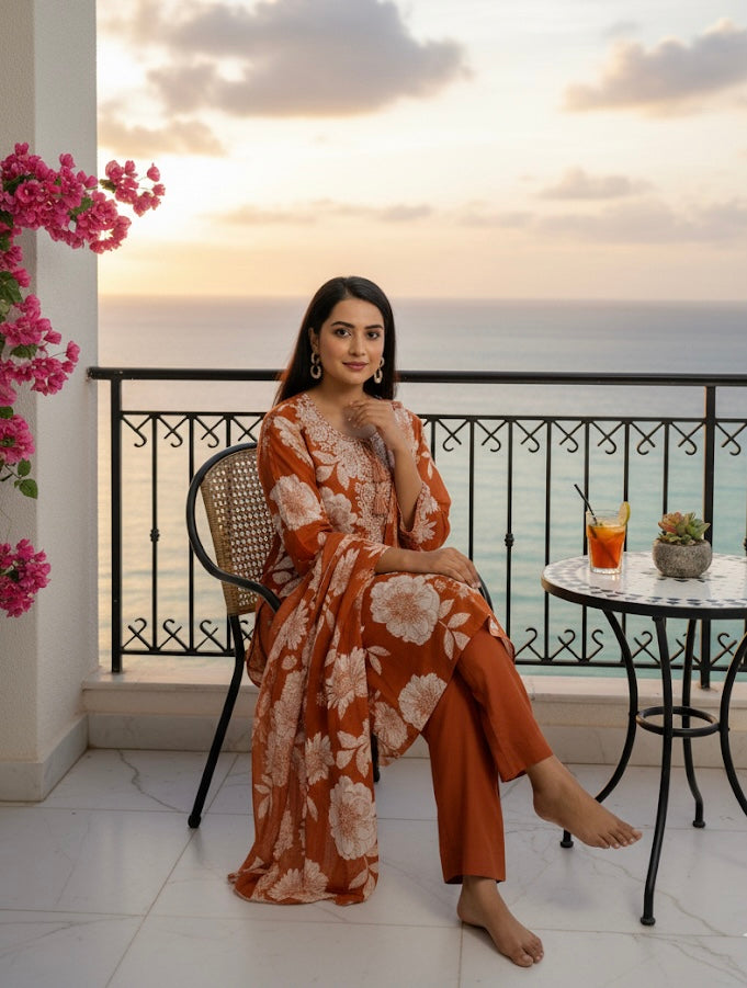 Rust Floral Printed Kurta Set with Dupatta