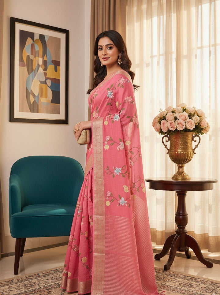 Rose Pink Floral Silk Saree