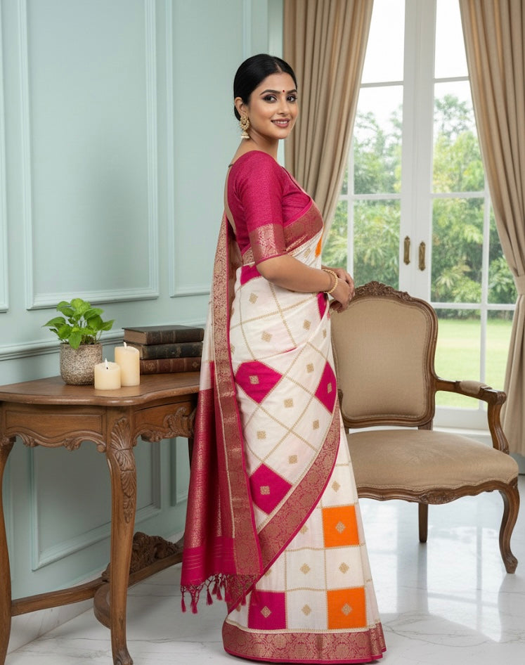 Ivory Checked Silk Saree with Pink & Orange Accents