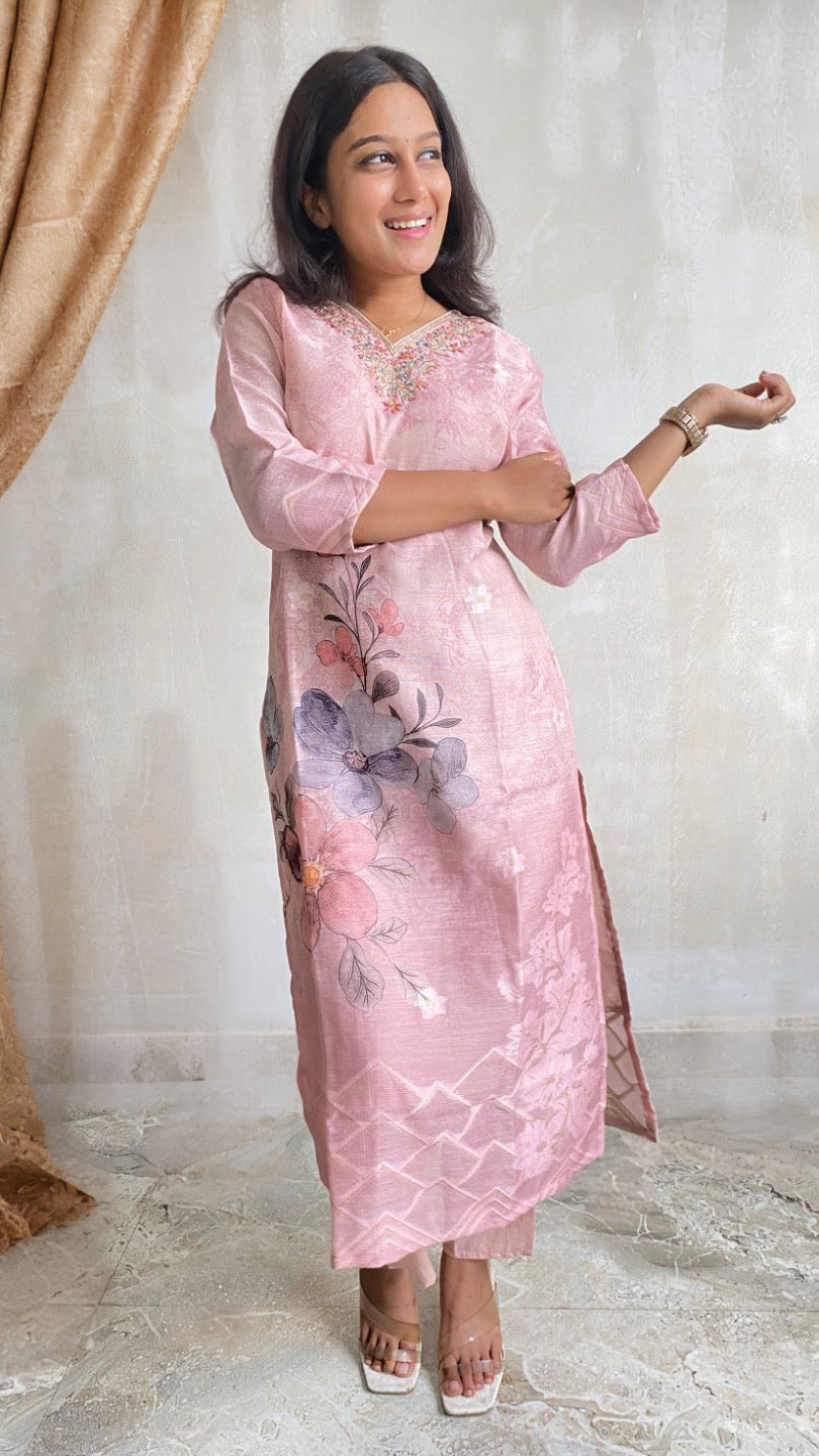 Blush Pink Floral Kurta Set with Embroidered Neckline & Dupatta