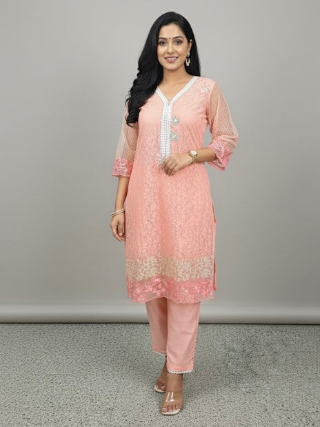 Peach Embroidered Kurta Set with Net Sleeves and Scalloped Hem