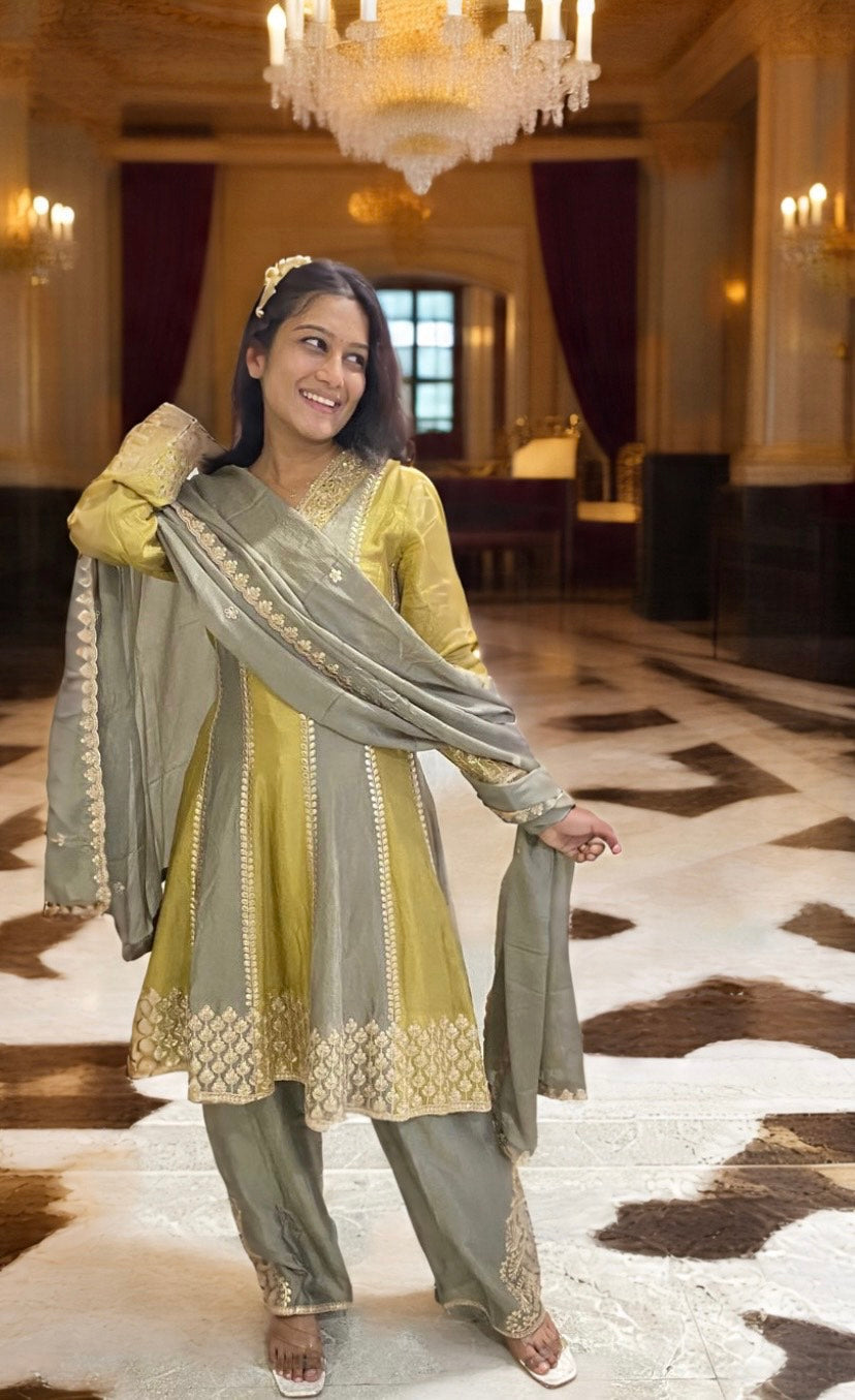 Olive Green & Mustard Anarkali Suit Set with Zari Embroidery and Silk Finish