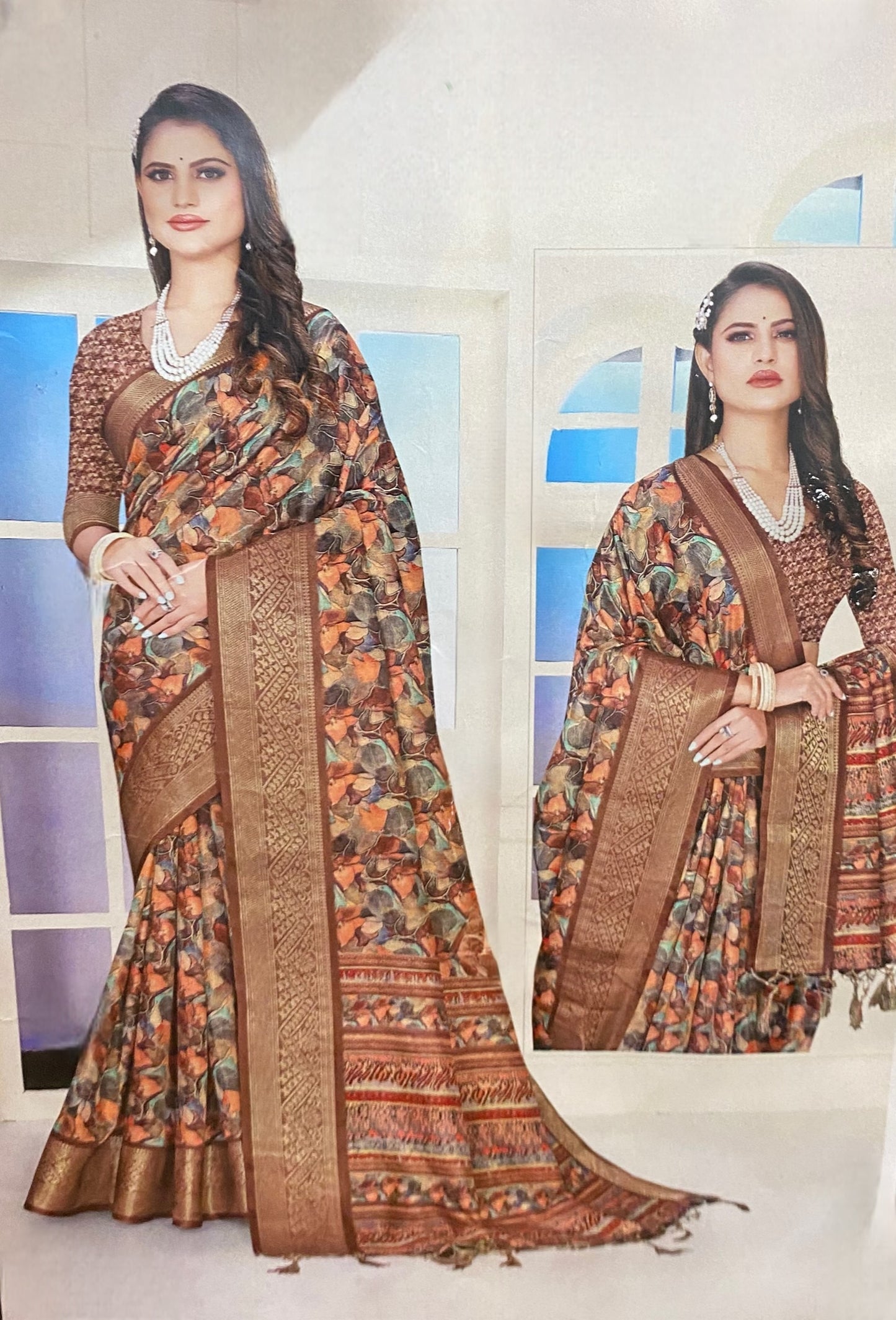 Elegant Satin Silk Saree with Autumn Leaf Print & Zari Border