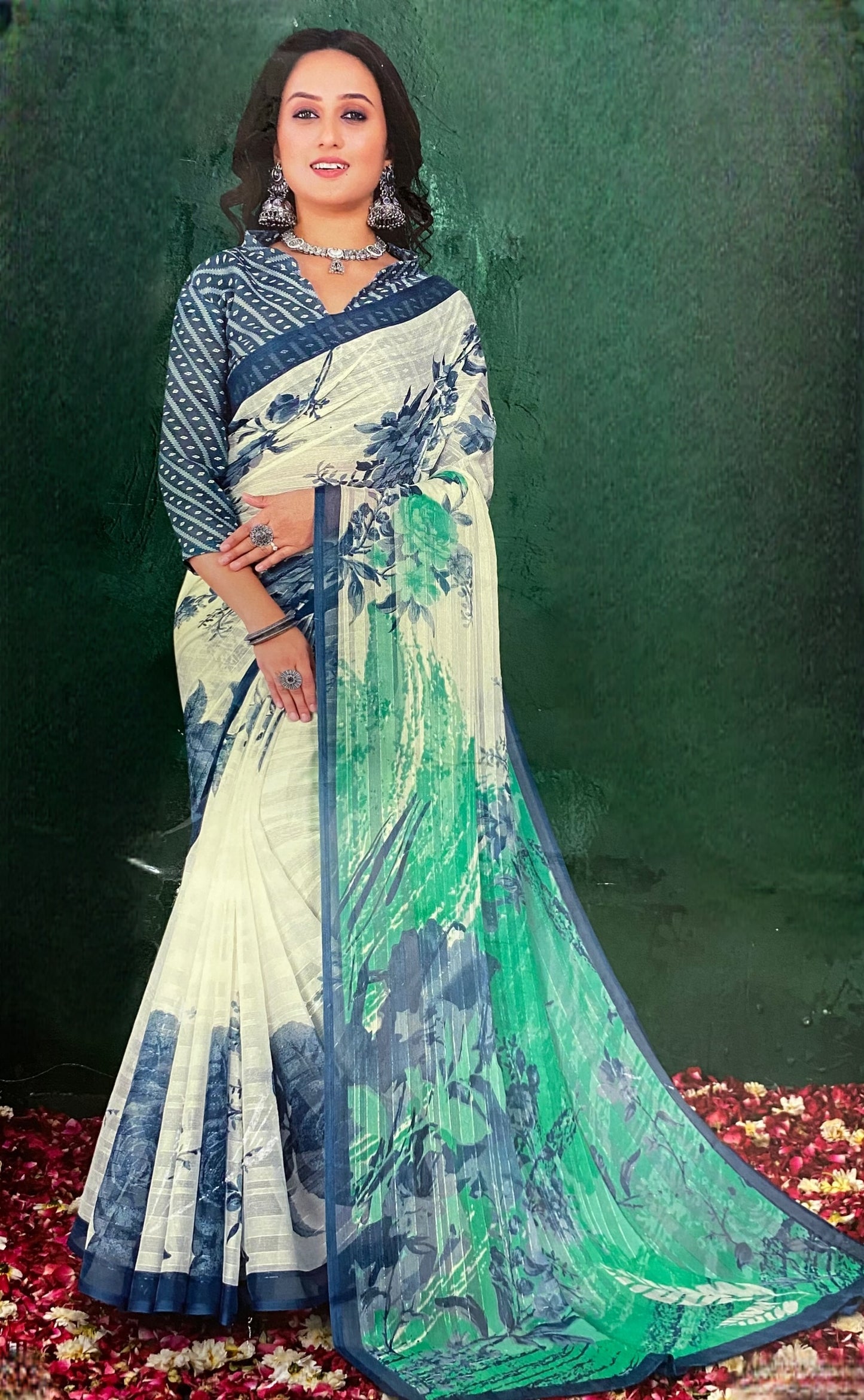 White & Blue Chiffon Saree with Floral Print and Contrast Printed Blouse