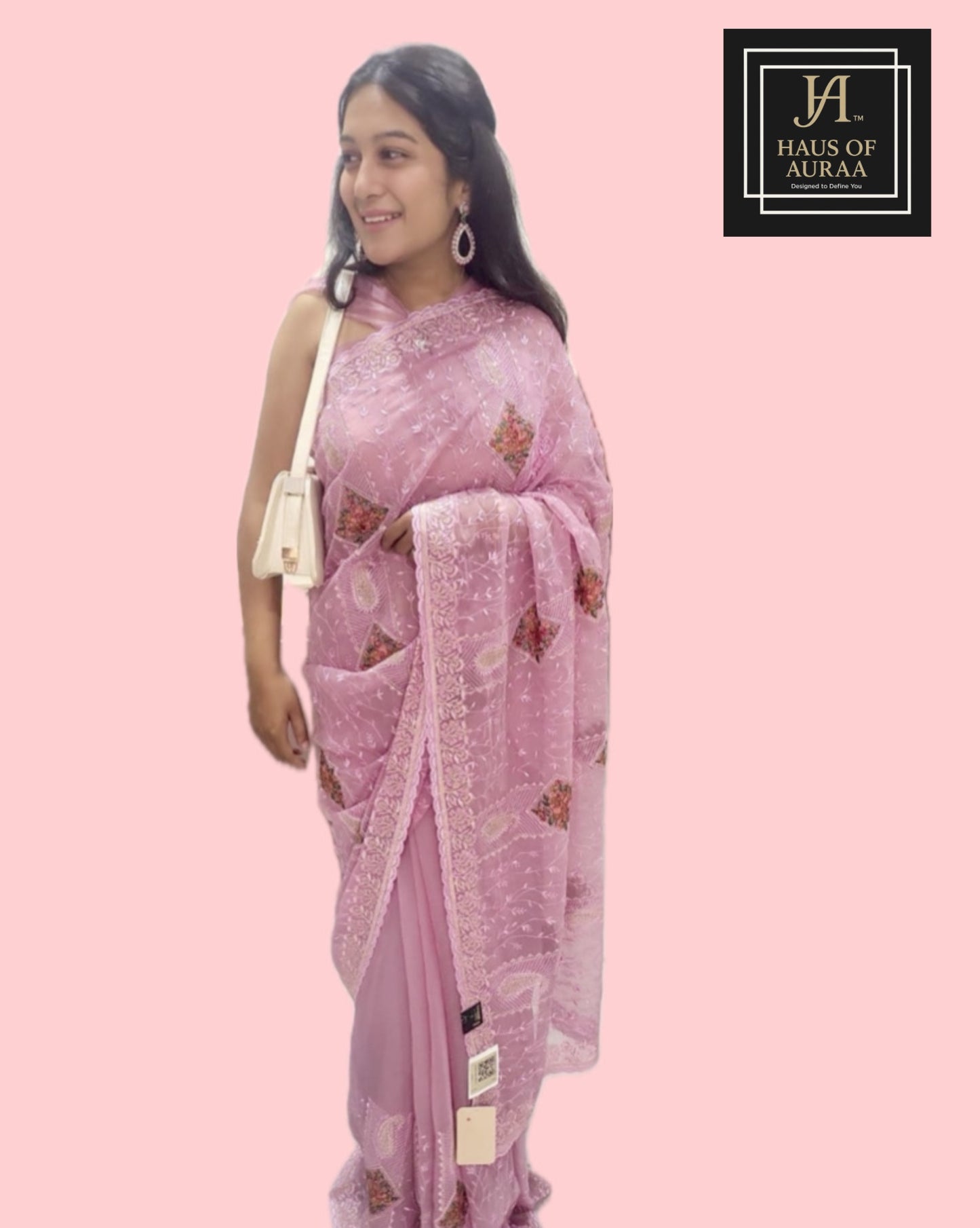 Pastel Mauve Chikankari & Patchwork Georgette Saree