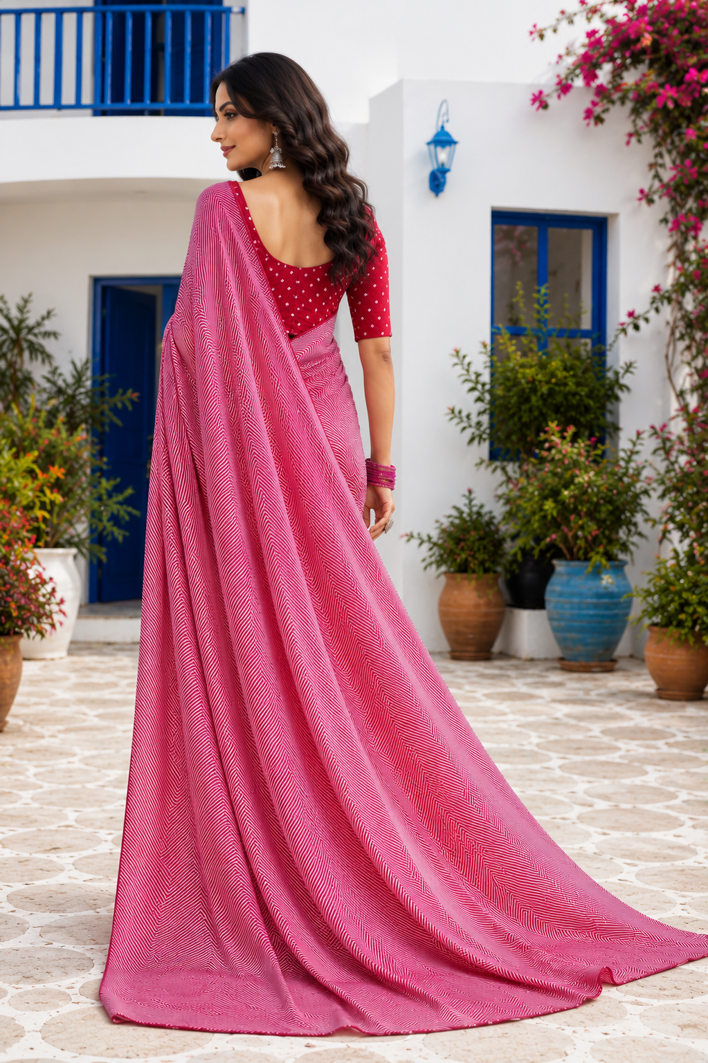 Rose Pink Chevron Leheriya Printed Saree