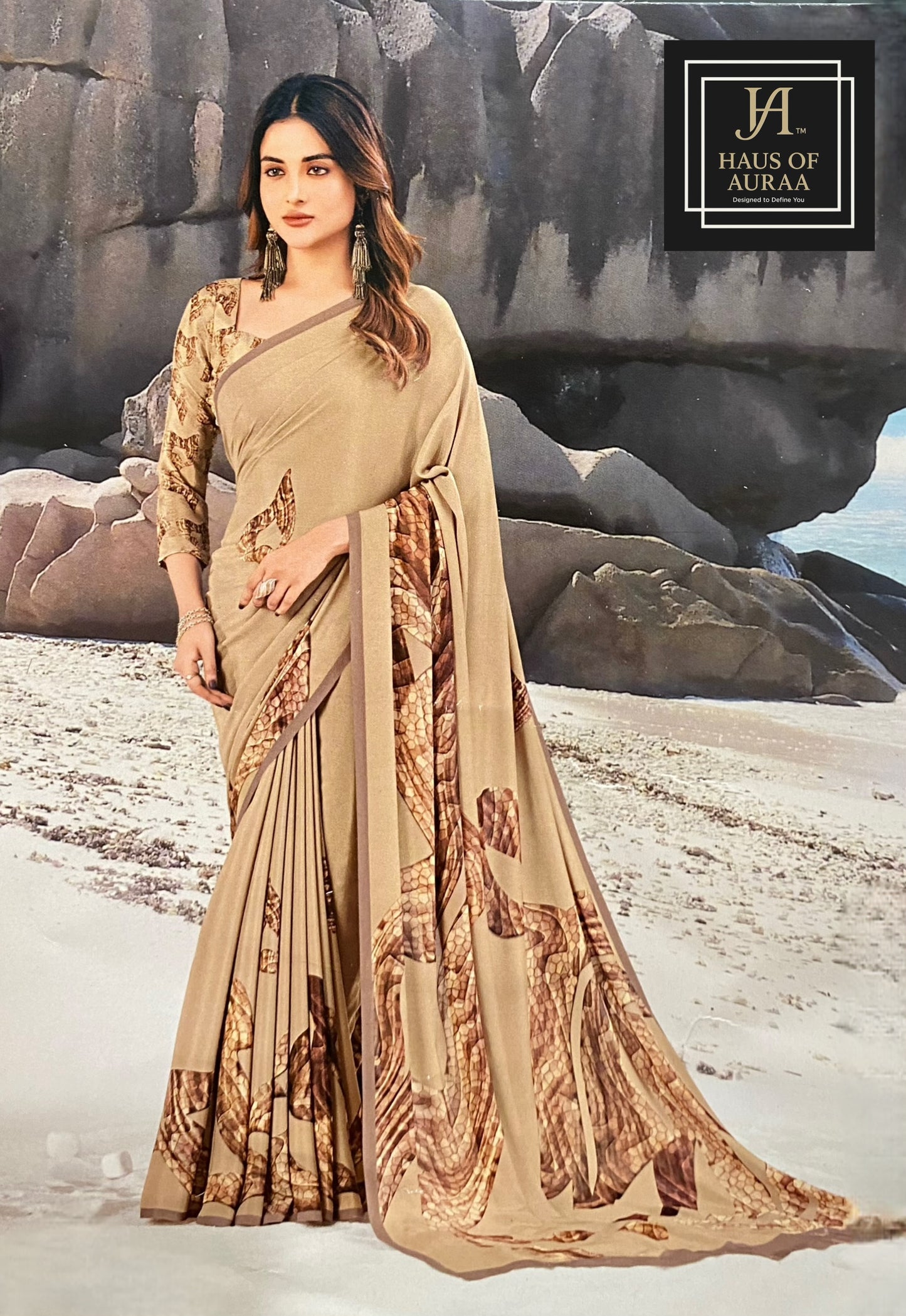 Elegant Beige Saree with Snake-Skin Inspired Print