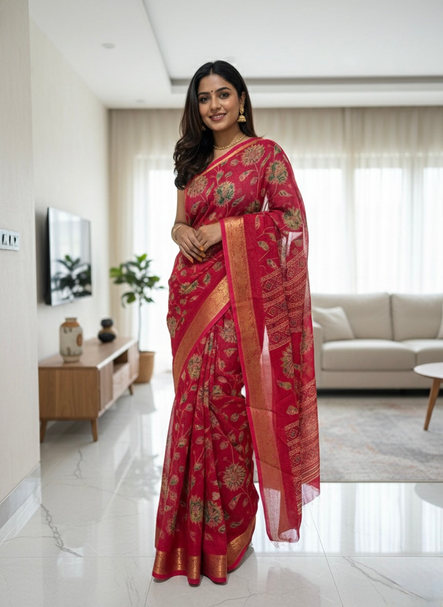 Scarlet Bloom Tissue Saree