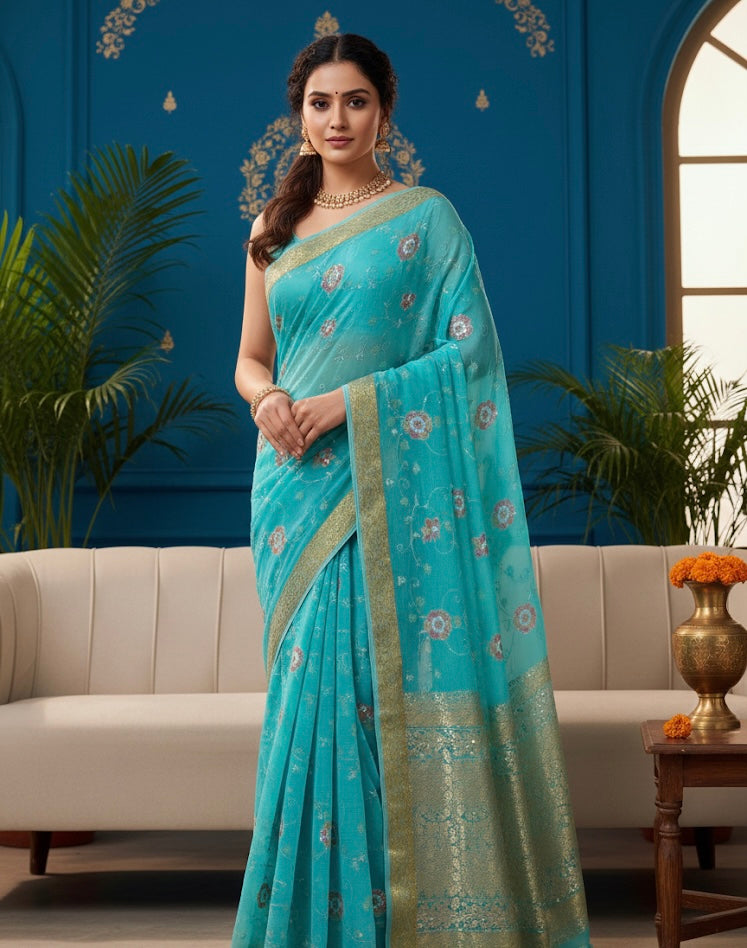 Aqua Blue Woven Silk Saree with Floral Zari Motifs