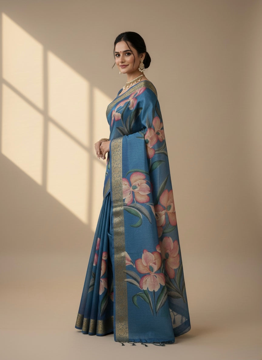 Steel Blue Floral Printed Saree with Subtle Gold Border