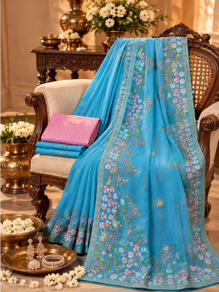 Azure Bloom Embroidered Elegance Saree