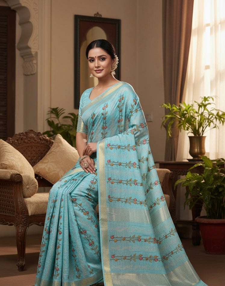 Sky Blue Woven Silk Saree with Floral Vine Design