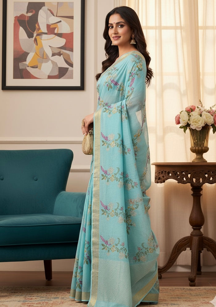 Aqua Blue Silk Saree with Subtle Floral Embroidery