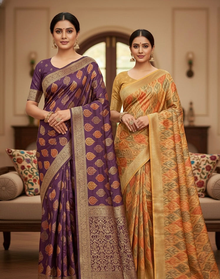Banarasi Silk Saree with Intricate Zari & Leaf Motifs – Purple & Gold