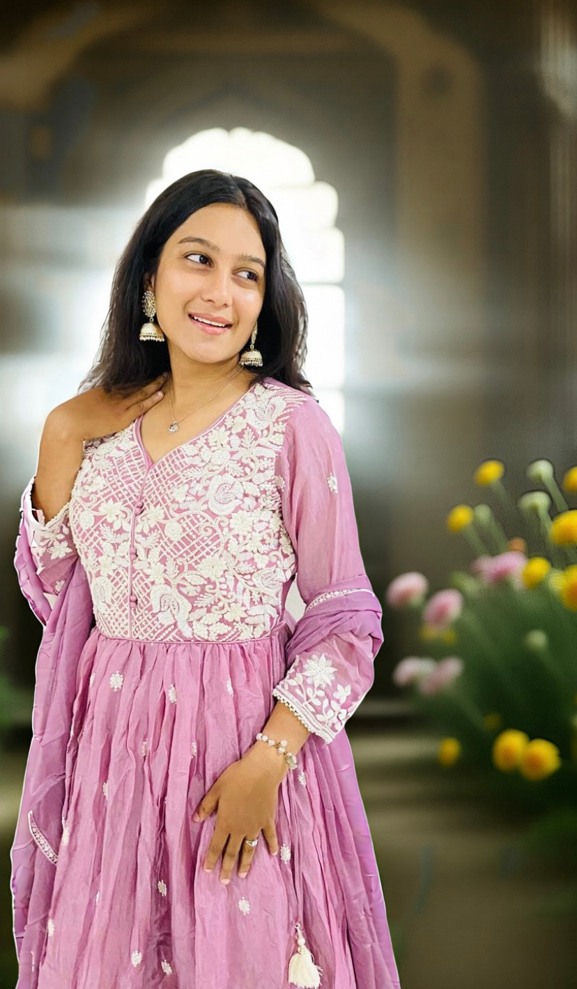 Mauve Embroidered Anarkali Gown with Dupatta