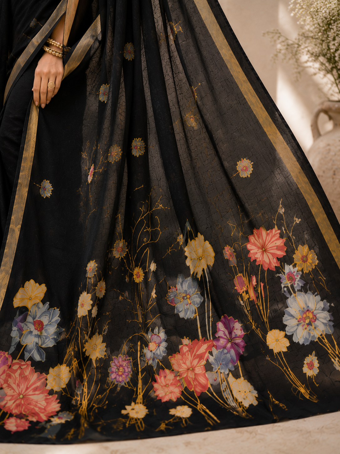 Black Floral Printed Organza Saree