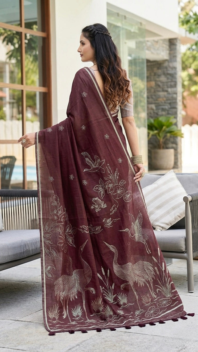 Elegant Bird Motif Linen Saree